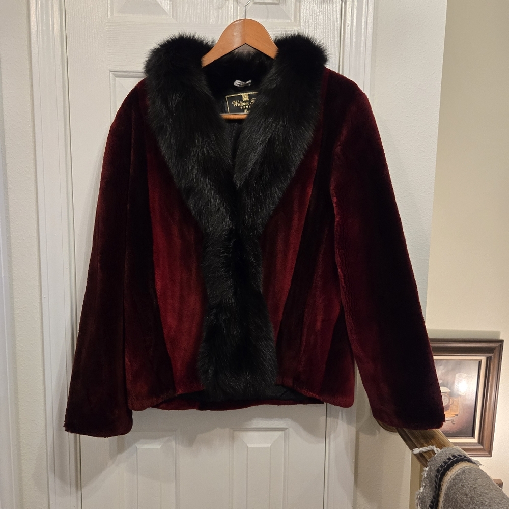 Luxurious Ruby Red Sheared Beaver Fur Jacket With Black Fox Tuxedo Fur Collar.